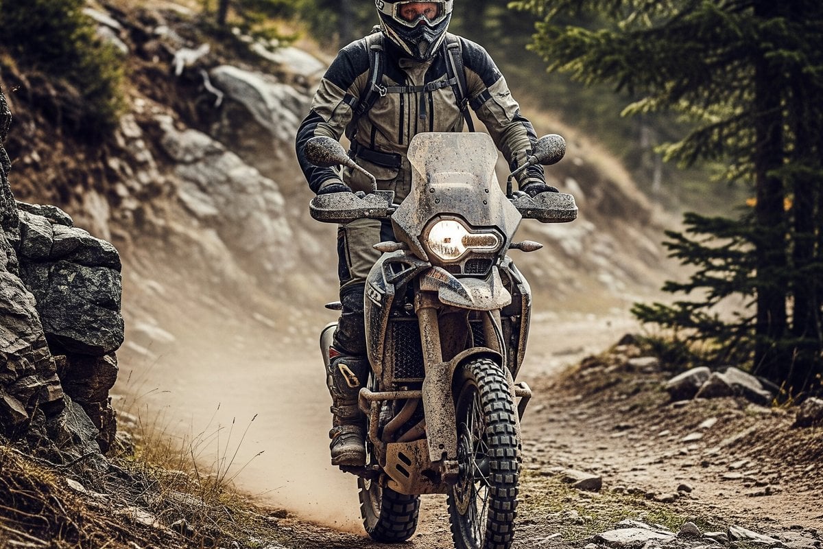 Adventure rider on mountain trail