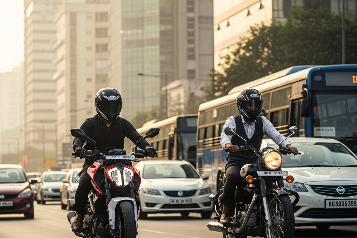 Commuter rider in urban city setting