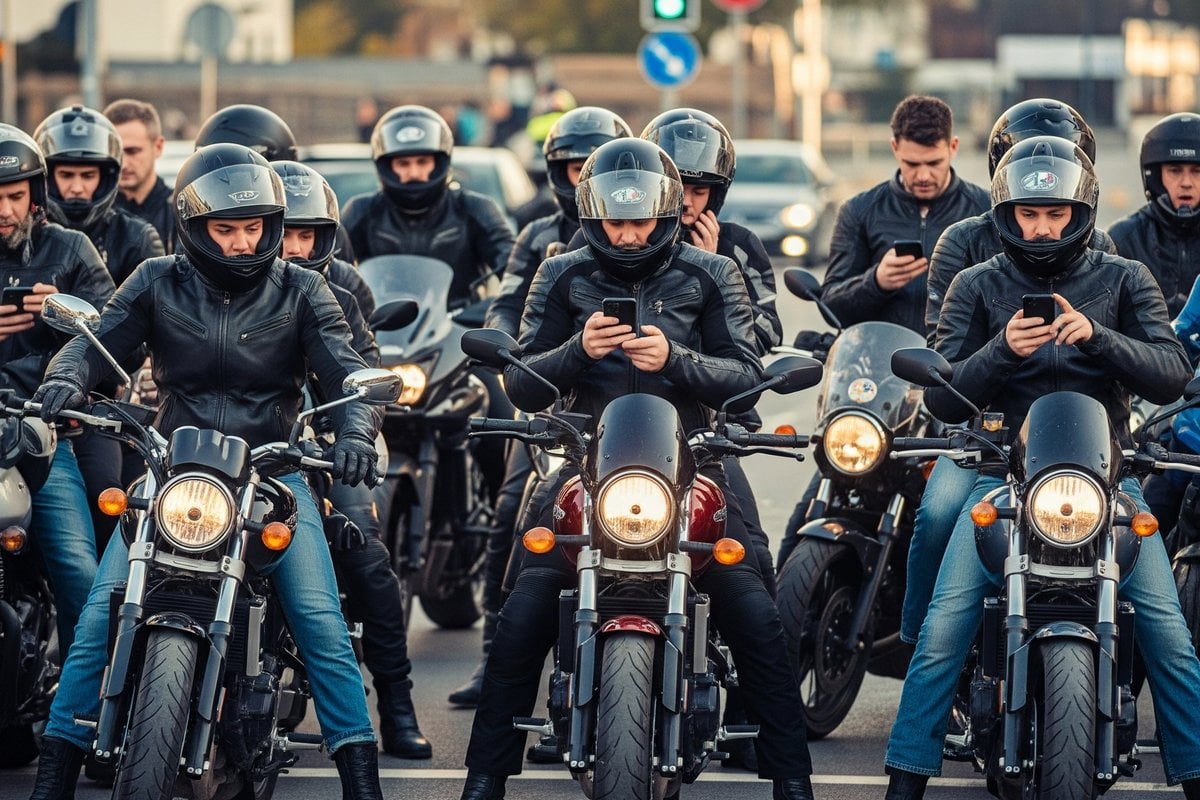 Confused riders with phones trying to organize group ride