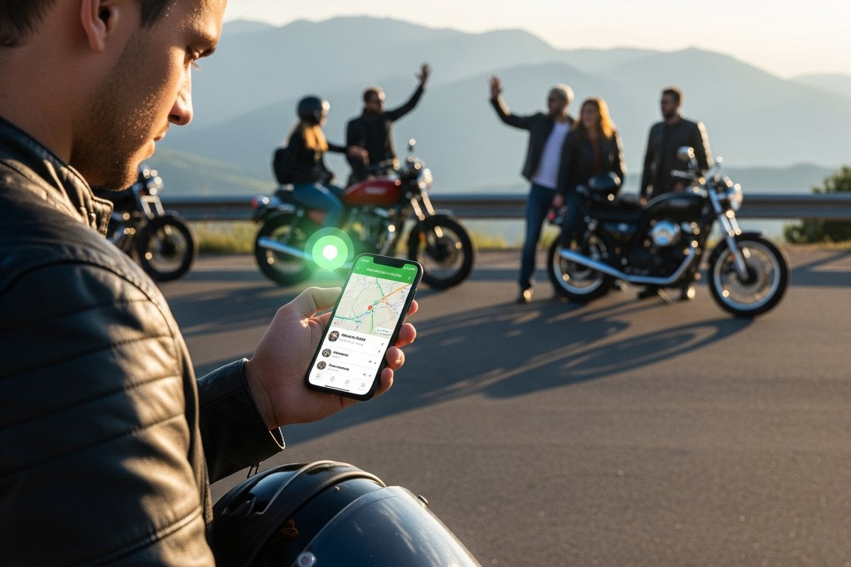 Rider looking at phone showing live map with nearby riders