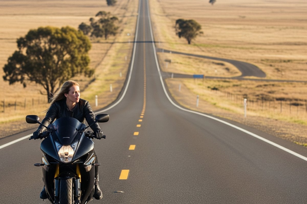 Rider sitting alone looking at empty road