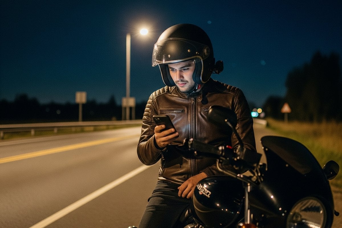 Worried rider on empty highway at dusk
