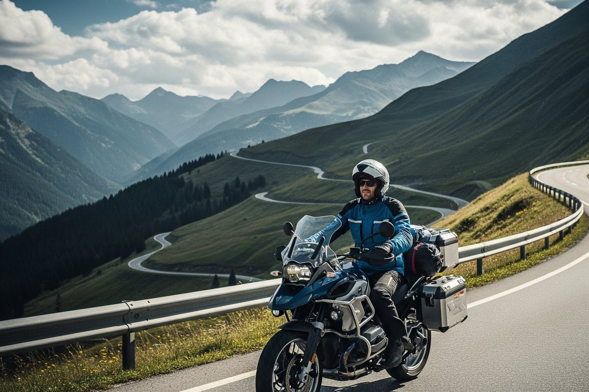 Touring motorcyclist on scenic mountain highway